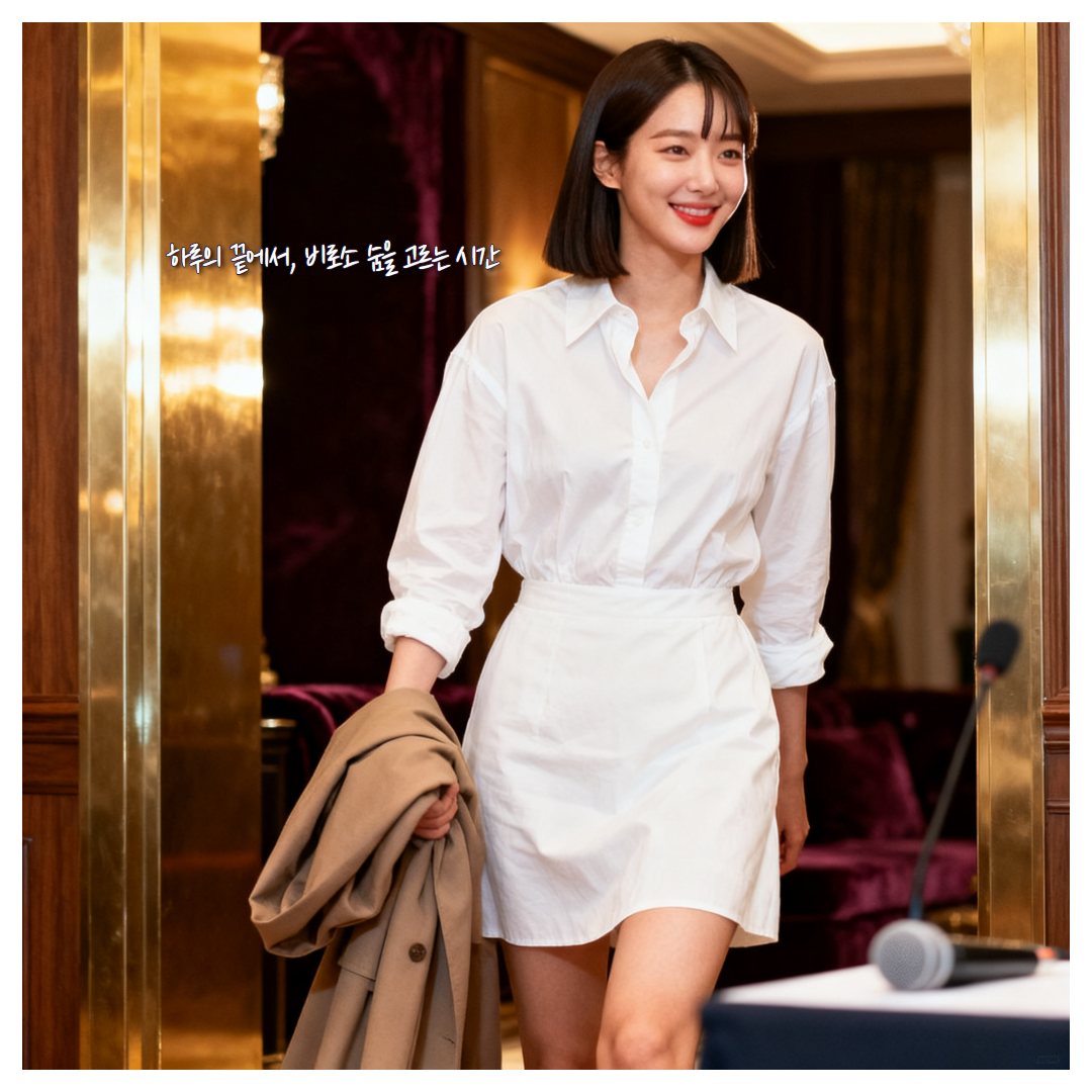 흰 셔츠 원피스를 입고 코트를 든 채 룸 문 앞에 선 가상의 여성