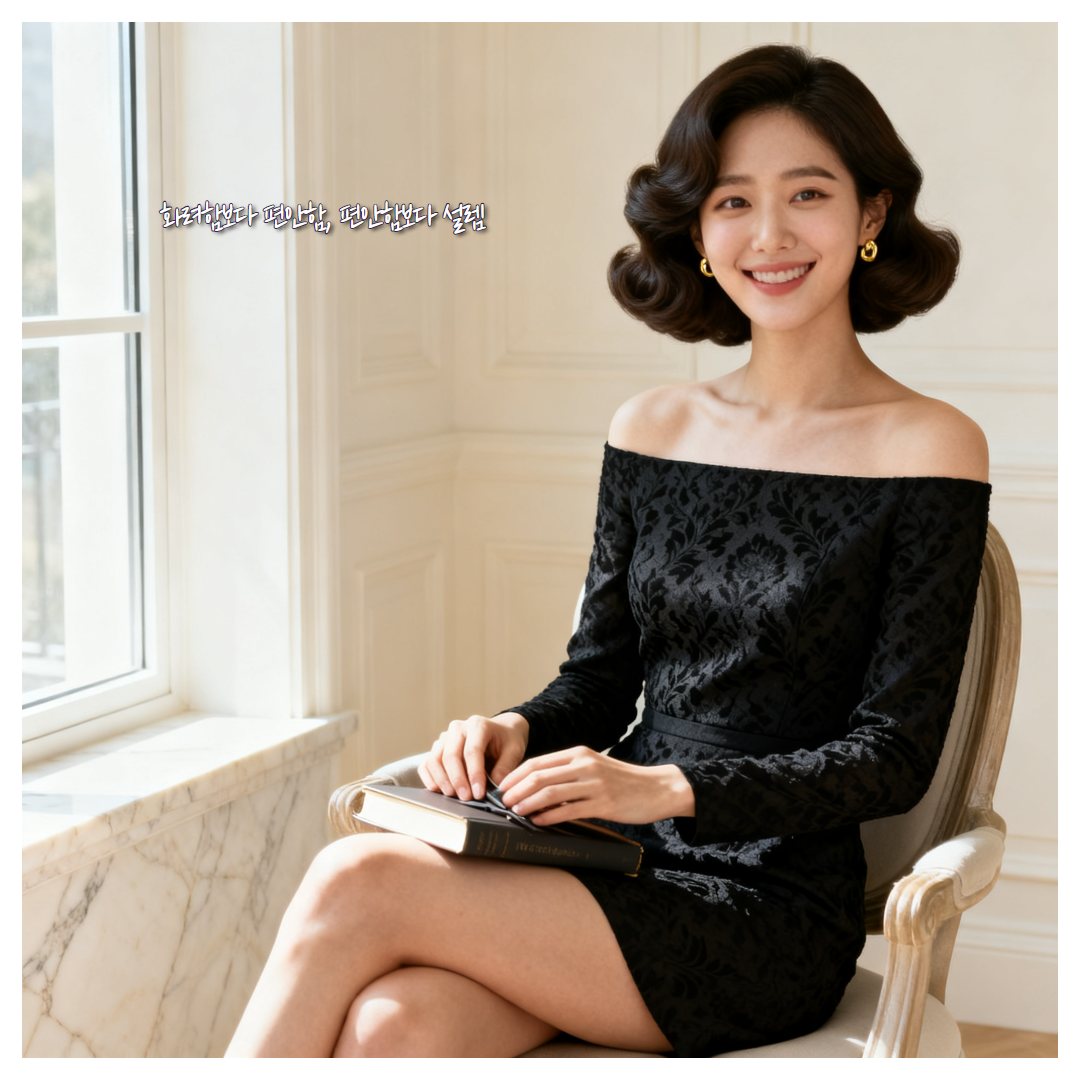 블랙 원피스를 입고 창가 의자에 앉아 책을 든 가상의 여성