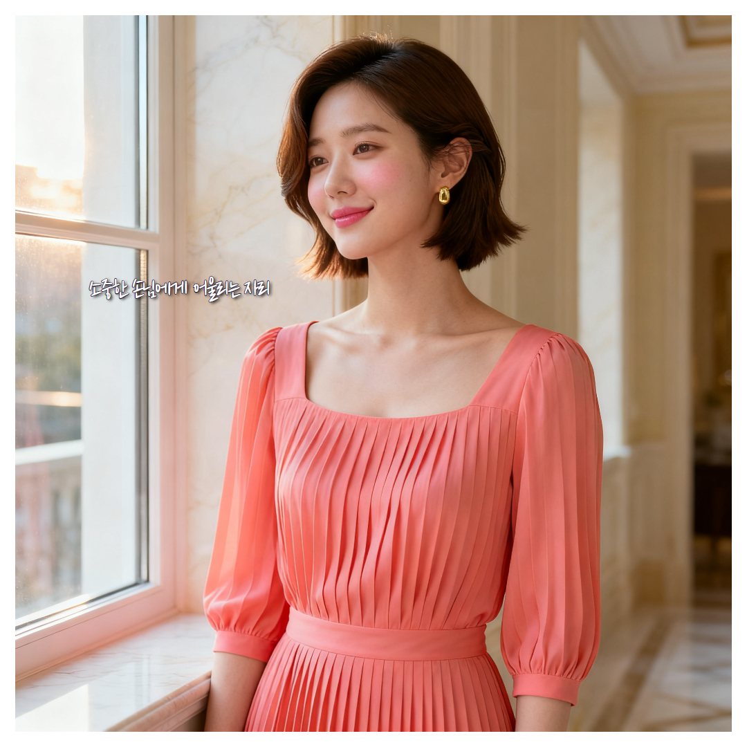 코랄 플리츠 원피스를 입고 밝은 창가에 선 가상의 여성