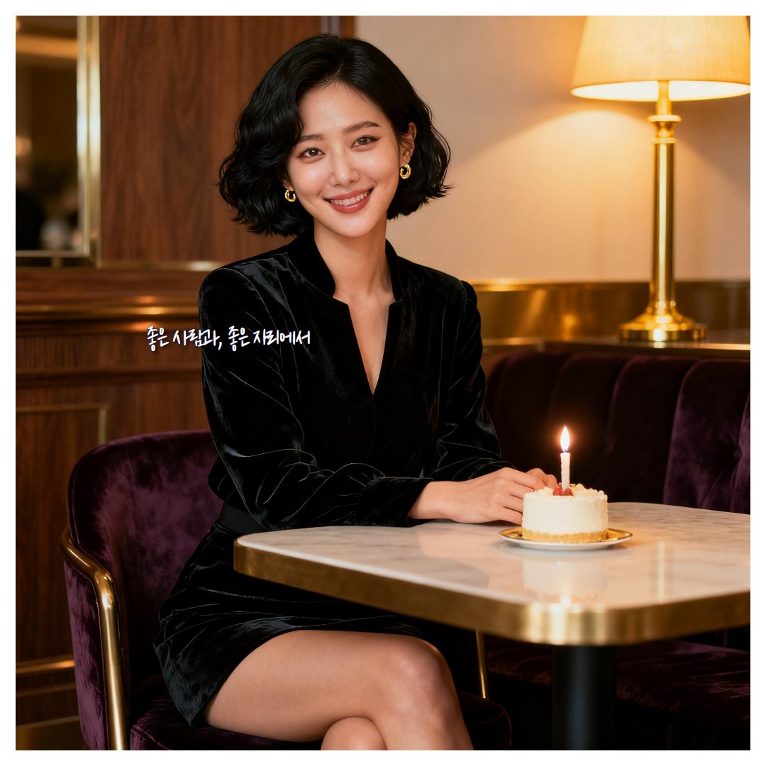 블랙 원피스를 입고 촛불 꽂은 작은 케이크 앞에 앉은 가상의 여성