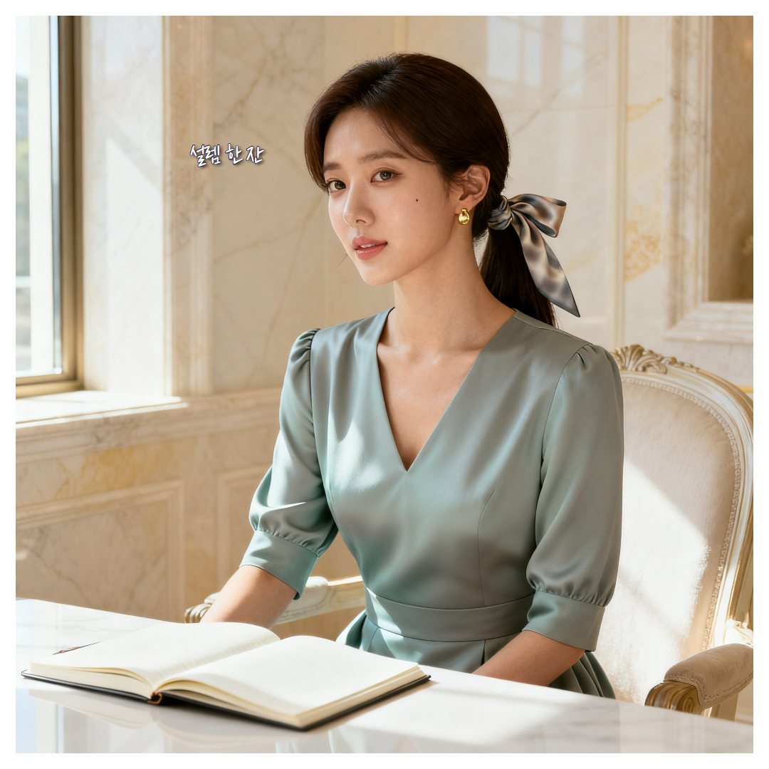 민트 블라우스를 입고 노트를 펼친 탁자 앞에 앉은 가상의 여성