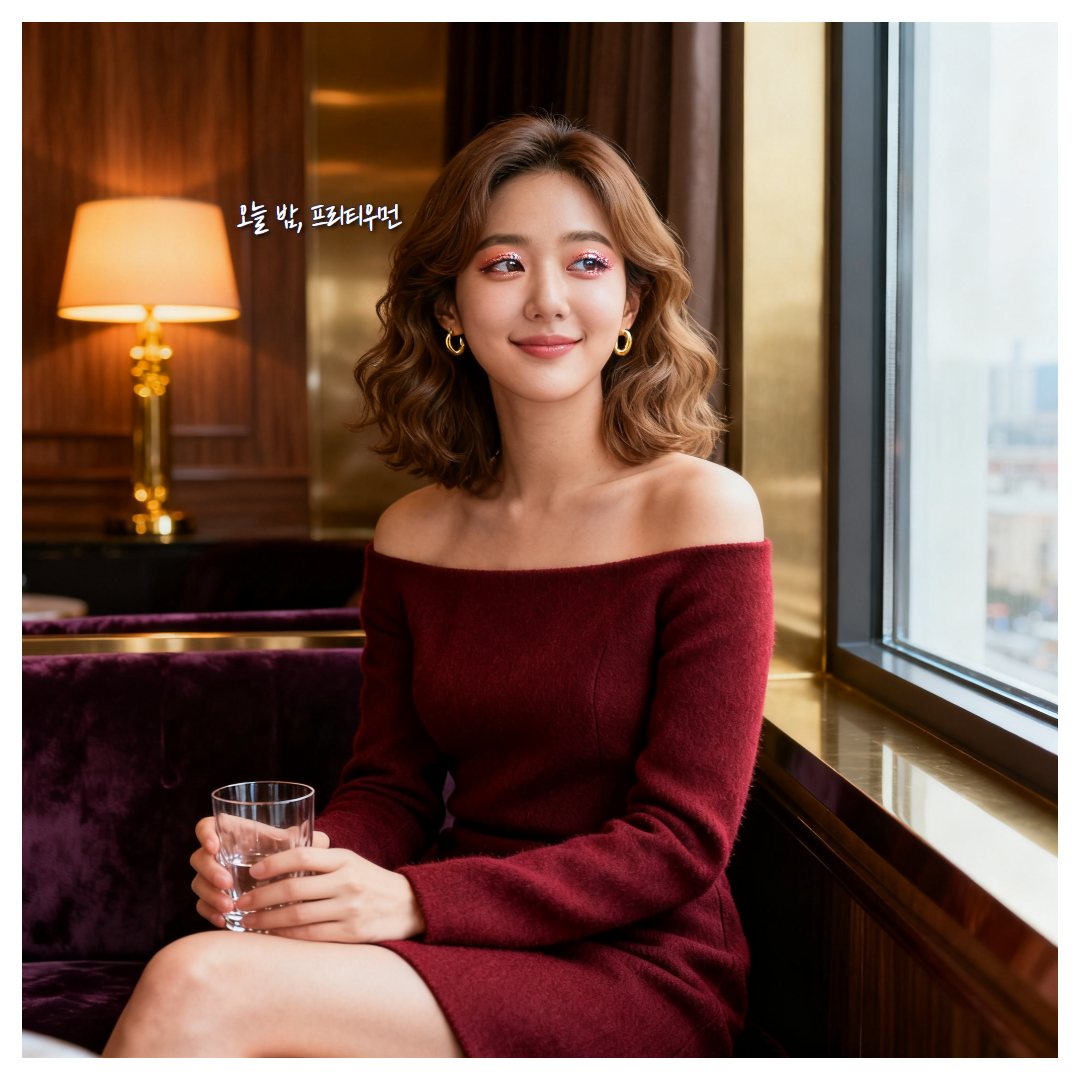 버건디 니트를 입고 물잔을 든 가상의 여성