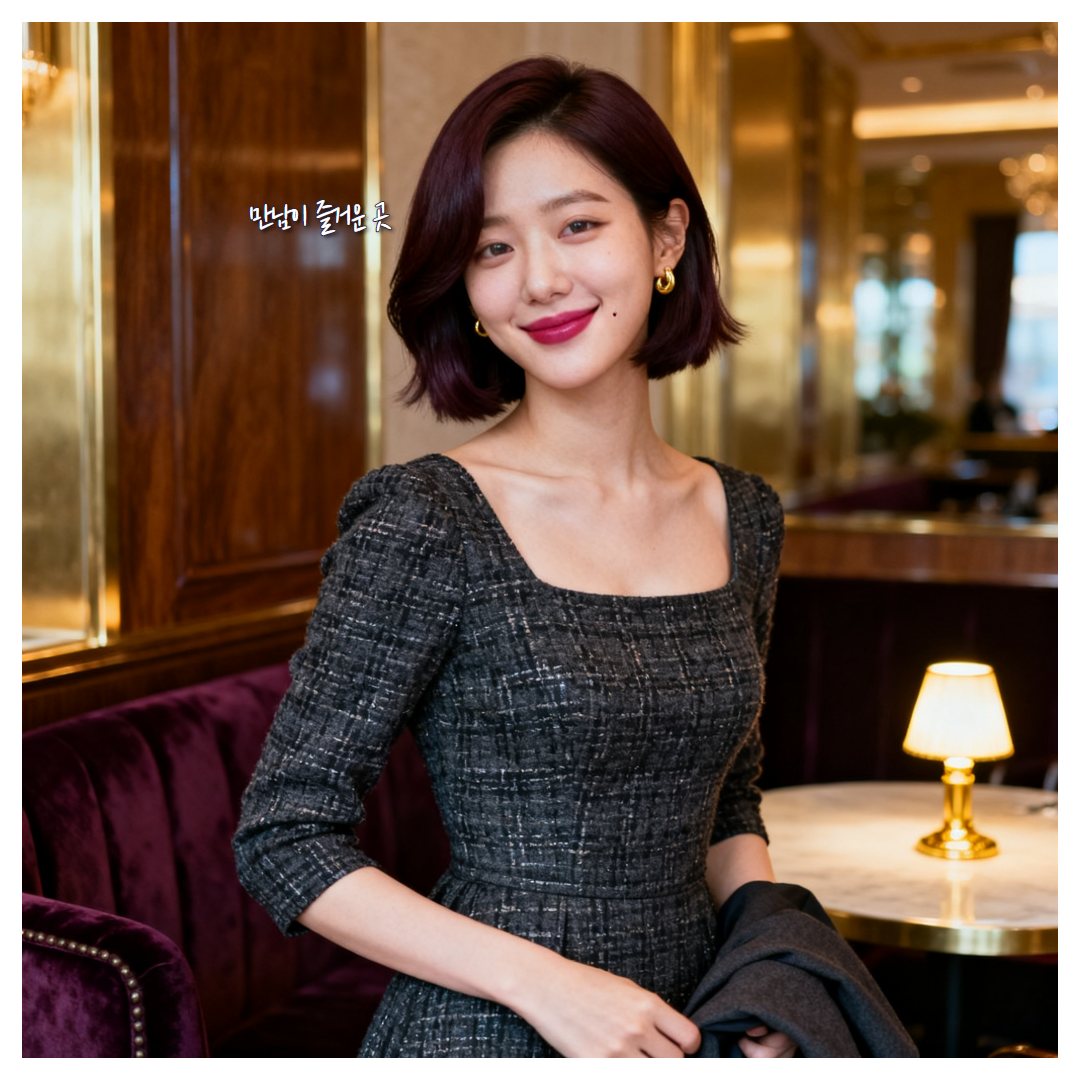 그레이 트위드 원피스를 입고 어두운 라운지에 앉은 가상의 여성