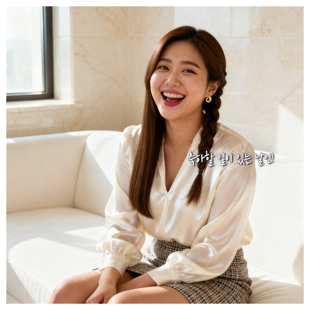 아이보리 블라우스를 입고 밝은 소파에서 크게 웃는 가상의 여성