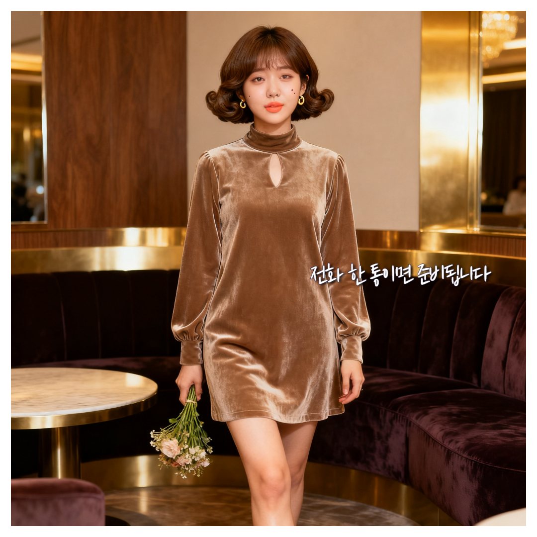 브라운 벨벳 원피스를 입고 작은 꽃다발을 든 가상의 여성